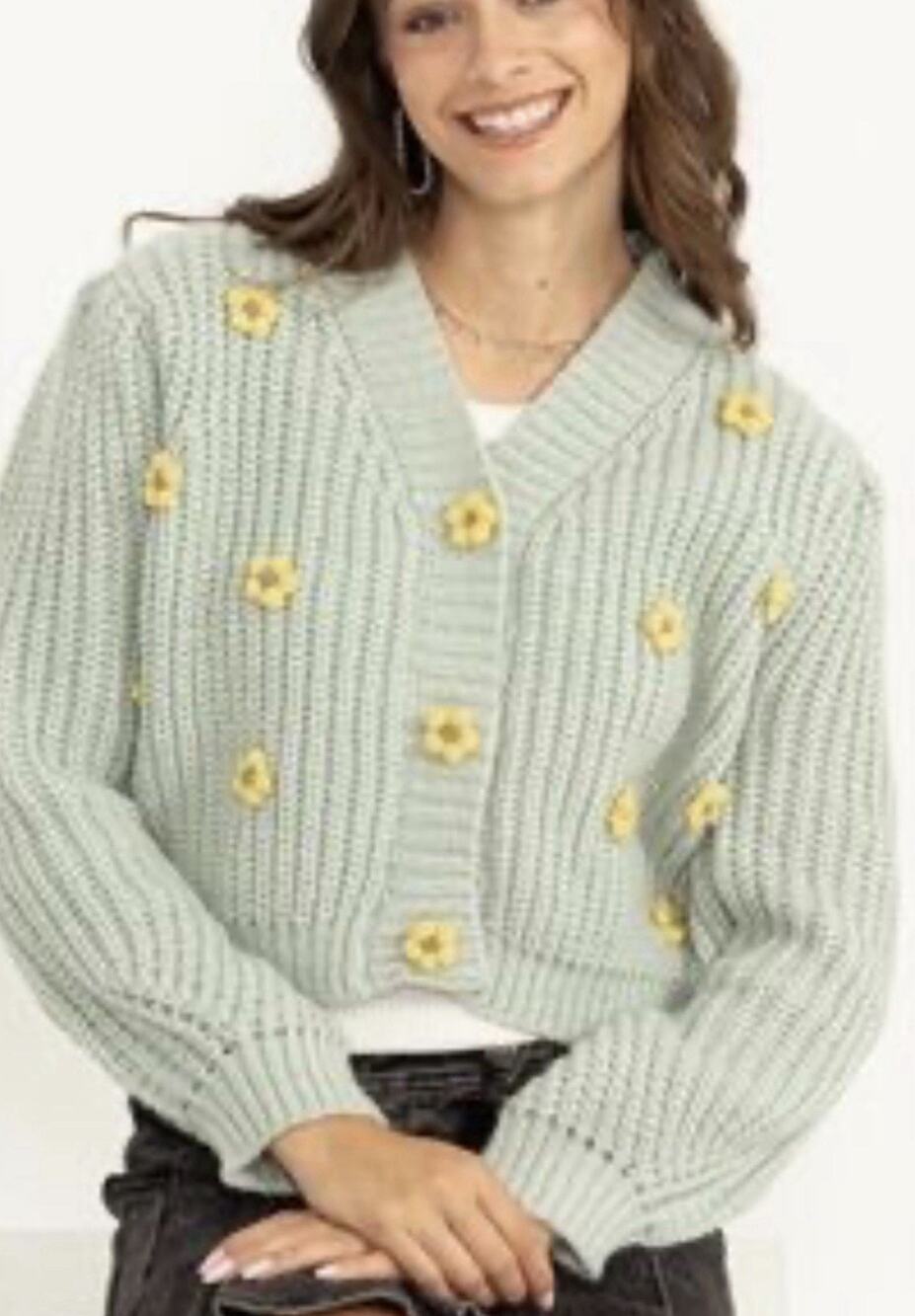 Hyfve Cardigan Sweater Mint Green w/ Yellow Daisy buttons twee cottagecore sz L